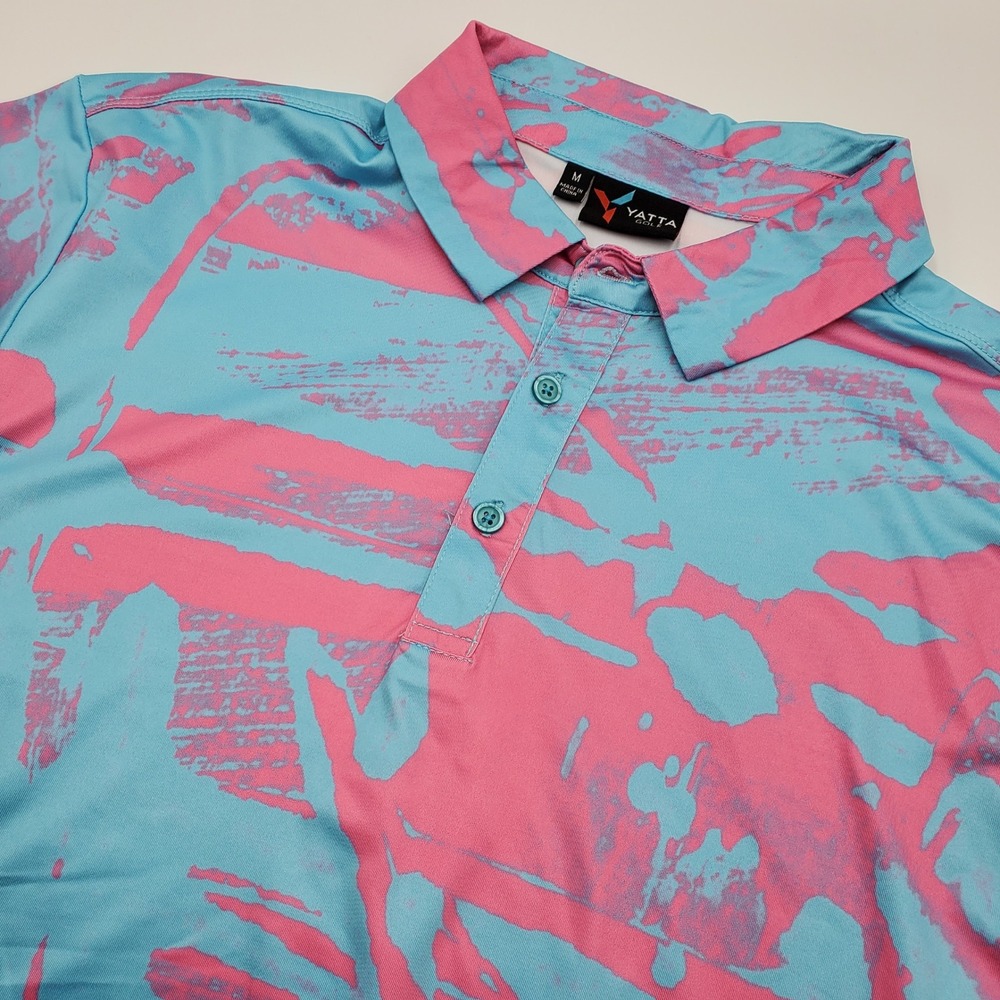 Yatta Golf Mens Performance Polo Shirt Medium Blue Pink Abstract Brushstroke M
